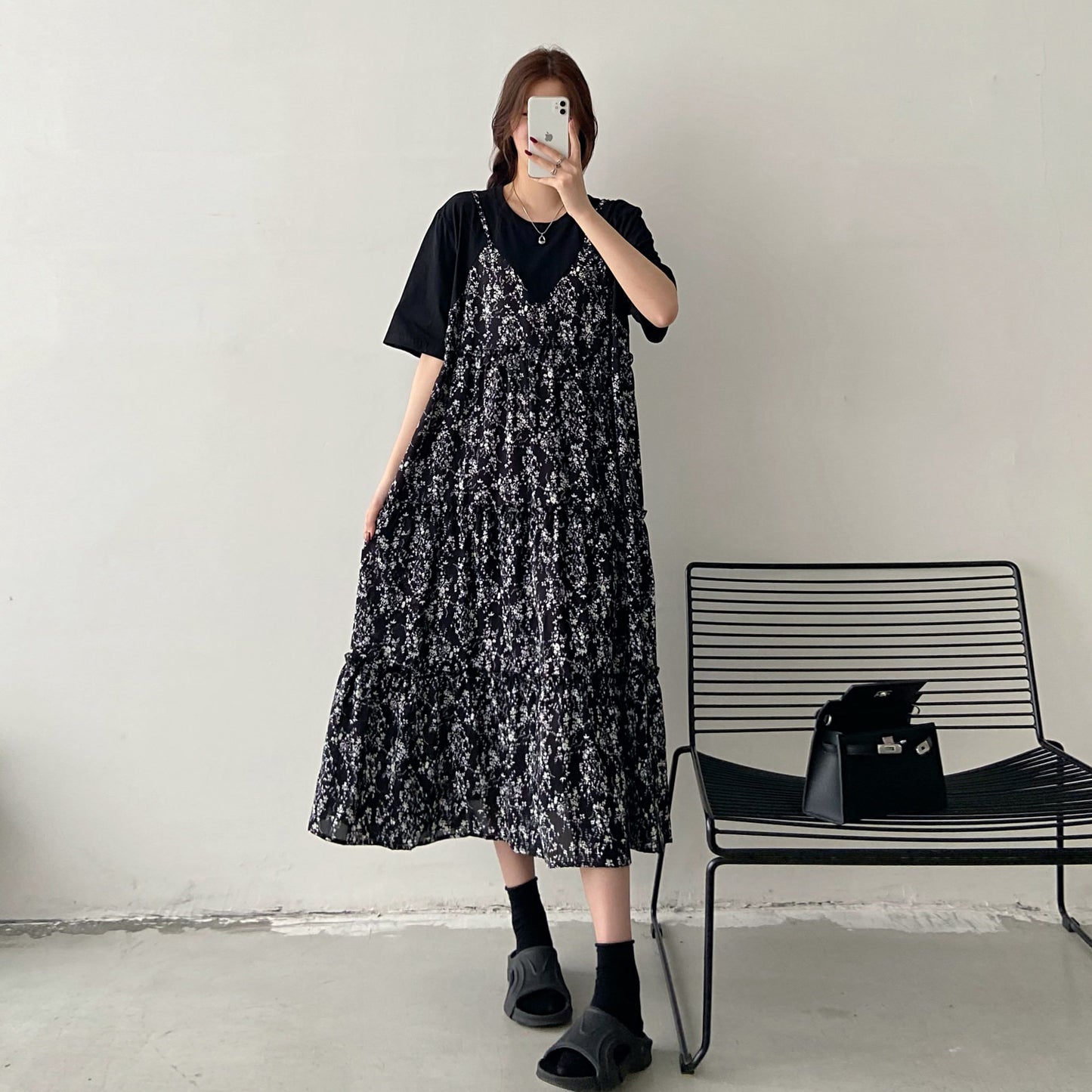 【ワンピース】フレンチ花柄シフォンワンピース レディース 夏 フェミニン 半袖 ロング丈 体型カバー 上品ワンピース【JZシリーズ】