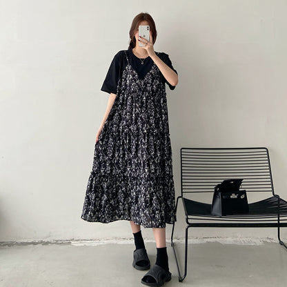 【ワンピース】フレンチ花柄シフォンワンピース レディース 夏 フェミニン 半袖 ロング丈 体型カバー 上品ワンピース【JZシリーズ】
