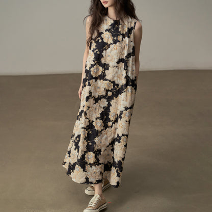 【ワンピース】フレンチレトロ 刺繍プリント 気質キャミワンピース ミモレ丈 ノースリーブワンピース【SHシリーズ】【JZシリーズ】