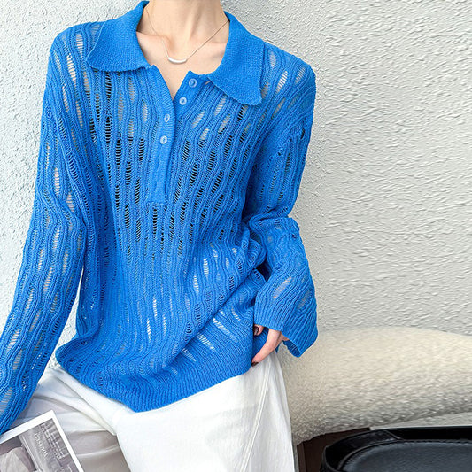 【トップス】秋先取り 大人可愛い透かし編みニットTシャツ 薄手 ゆったり【JZシリーズ】