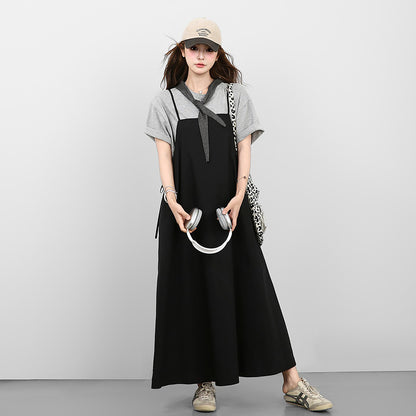 2点セット！【セットアップ】韓国風シンプル Tシャツ+ノースリーブワンピースセット 体型カバーも叶うゆったり大人コーデ【JZシリーズ】