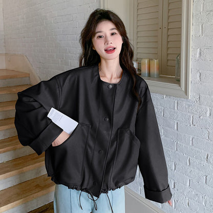 【アウター】デザイン性 ドローストリング裾 レザージャケット ゆったり カジュアル バイカージャケット【JZシリーズ】