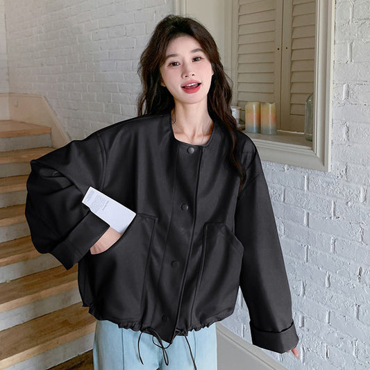 【アウター】デザイン性 ドローストリング裾 レザージャケット ゆったり カジュアル バイカージャケット【JZシリーズ】