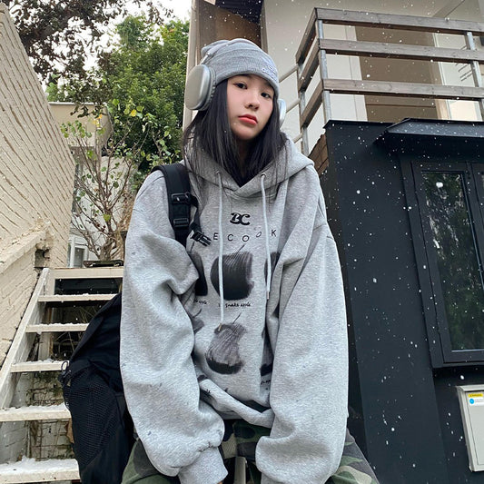 【トップス】アメリカンレトロ グレー プリントパーカー レディース 秋向け ゆったり カジュアル フーディ【FCシリーズ】