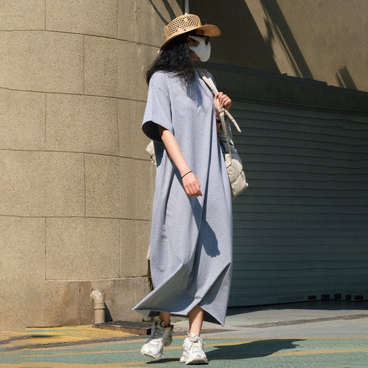 【ワンピース】夏新作 ゆったりシルエット 着痩せ効果 韓国風 カジュアル スポーティー 半袖Tシャツワンピース【JZシリーズ】