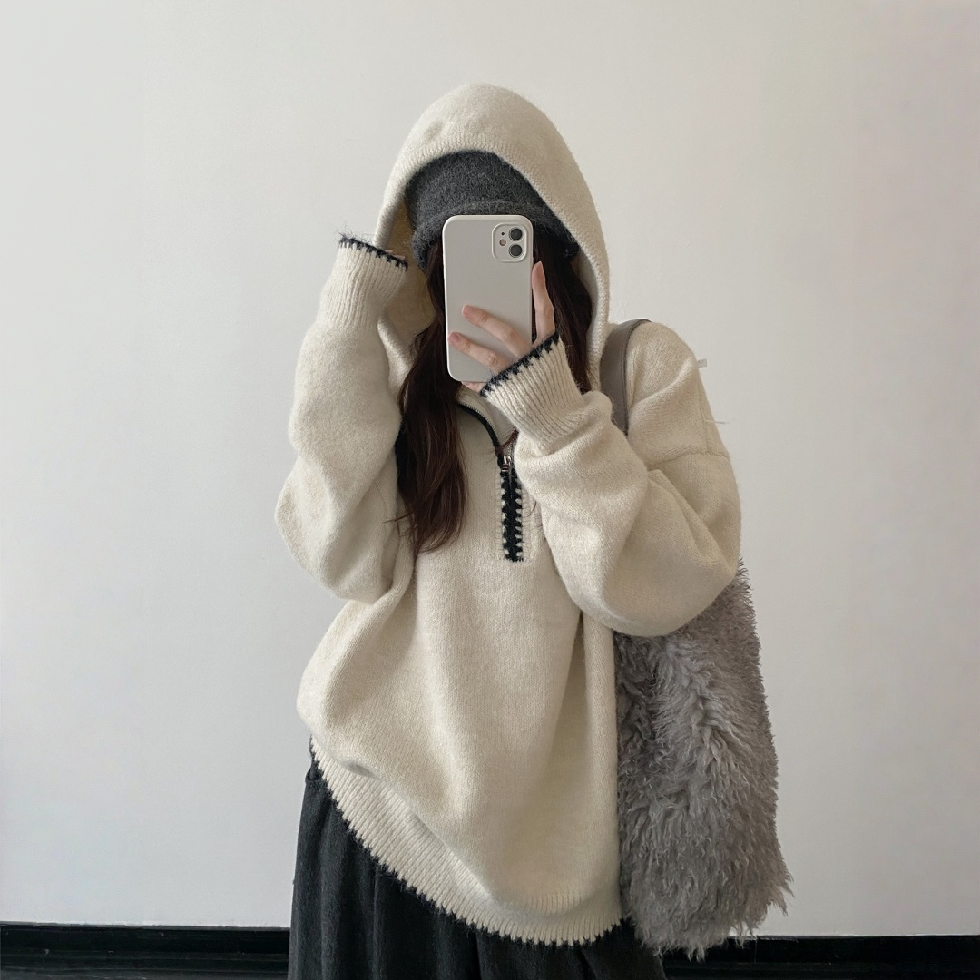 【トップス】ルーズ感 春 秋 冬 フード付き ニット セーター 【FCシリーズ】