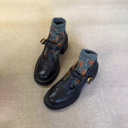 【シューズ】厚底チャンキーヒール  ヴィンテージ レディース シューズ ローファー 丸トゥパンプス メリージェーンシューズ