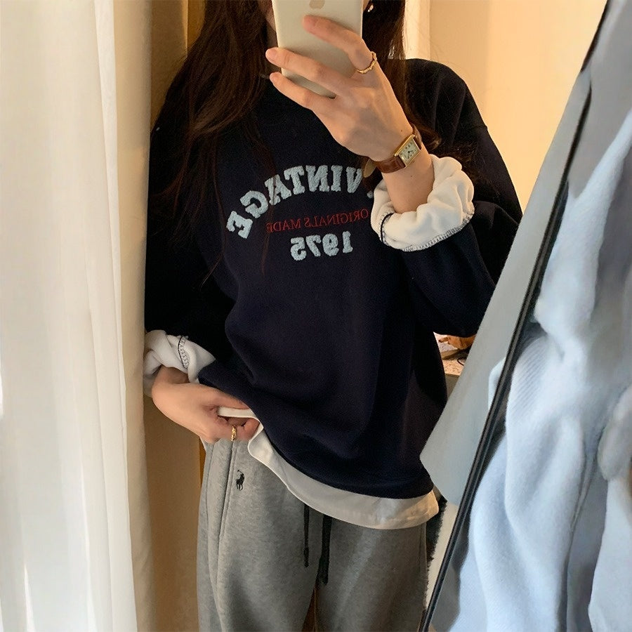 【トップス】レイヤード風 春 秋 冬 タオル刺繍 裏起毛 厚手 若見え パーカー 【JZシリーズ】