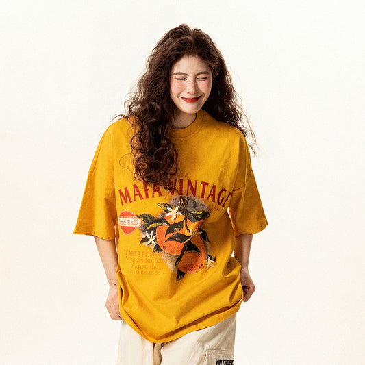 【トップス】レトロ趣味 フルーツ柄 半袖Tシャツ レディース 夏 ゆったり カジュアル【FCシリーズ】【15〜20日発送】