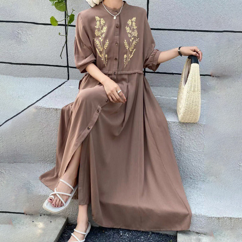 [洋裝] 春秋夏季大尺碼寬鬆民族風度假風刺繡短袖洋裝