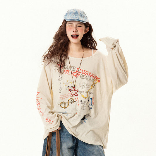 【トップス】ゆったり 趣味落書き風 ラウンドネック 長袖Tシャツ レディース 夏 薄手 カジュアル【FCシリーズ】【15〜20日発送】