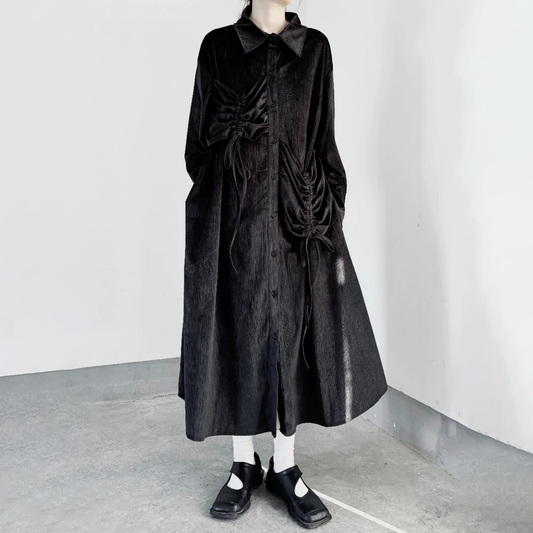 【ワンピース】秋春新作 コーデュロイ シャツワンピース レディース ダークモード 大きめポケット デザイン 長袖【AHシリーズ】