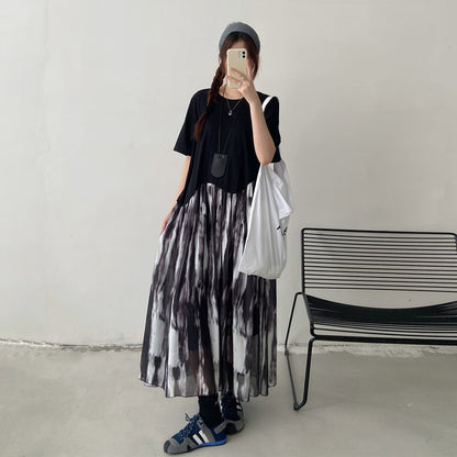 【ワンピース】レイヤード風ロングTシャツワンピース レディース 夏 ブラック グラデーションデザイン 半袖 ゆったり体型カバー カジュアルワンピース【JZシリーズ】