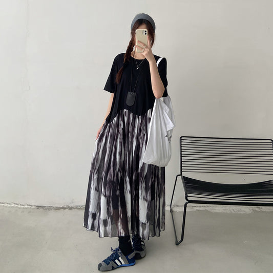 【ワンピース】レイヤード風ロングTシャツワンピース レディース 夏 ブラック グラデーションデザイン 半袖 ゆったり体型カバー カジュアルワンピース【JZシリーズ】