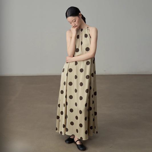 【ワンピース】レトロ リゾート風 ドット柄プリント ノースリーブワンピース レディース ゆったりスリム見え ミディ丈 ロングドレス【SHシリーズ】