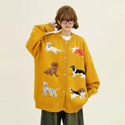 【アウター】韓国風 レトロ 子犬 シングルボタン ゆったり カーディガン【FCシリーズ】