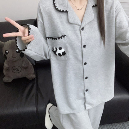 【インナー】ワッフルチェック パンダ コットン素材 長袖長ズボン ルームウェア レディース/メンズ ペア対応 春