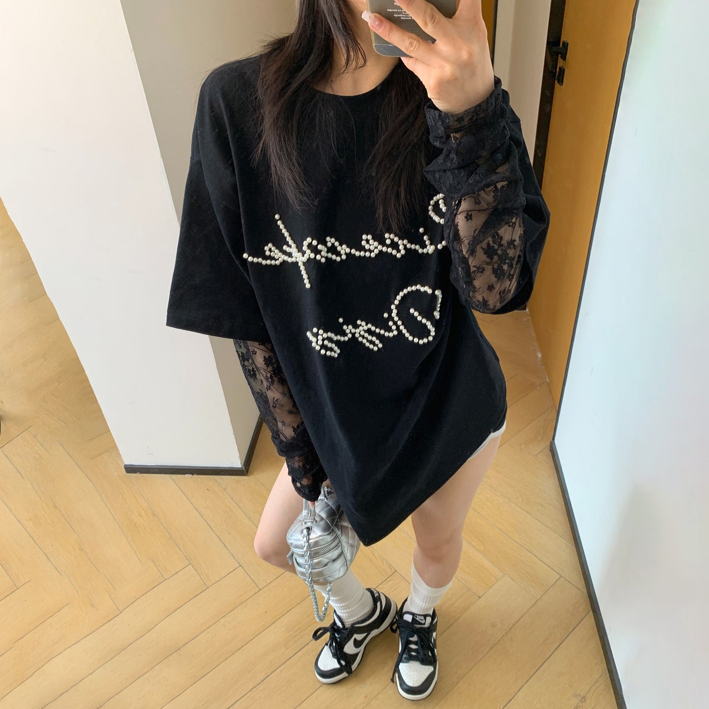 【トップス】夏新作 シンプル個性派 重ね着風 レース＆ビジュー切り替え 綿100％ Tシャツ【FCシリーズ】