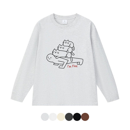 6カラー | S~3XL【トップス】猫からのプレッシャー プリント ロングTシャツ 春秋 ユニセックス ルーズ コットン【FCシリーズ】