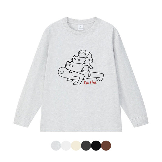 6カラー | S~3XL【トップス】猫からのプレッシャー プリント ロングTシャツ 春秋 ユニセックス ルーズ コットン【FCシリーズ】