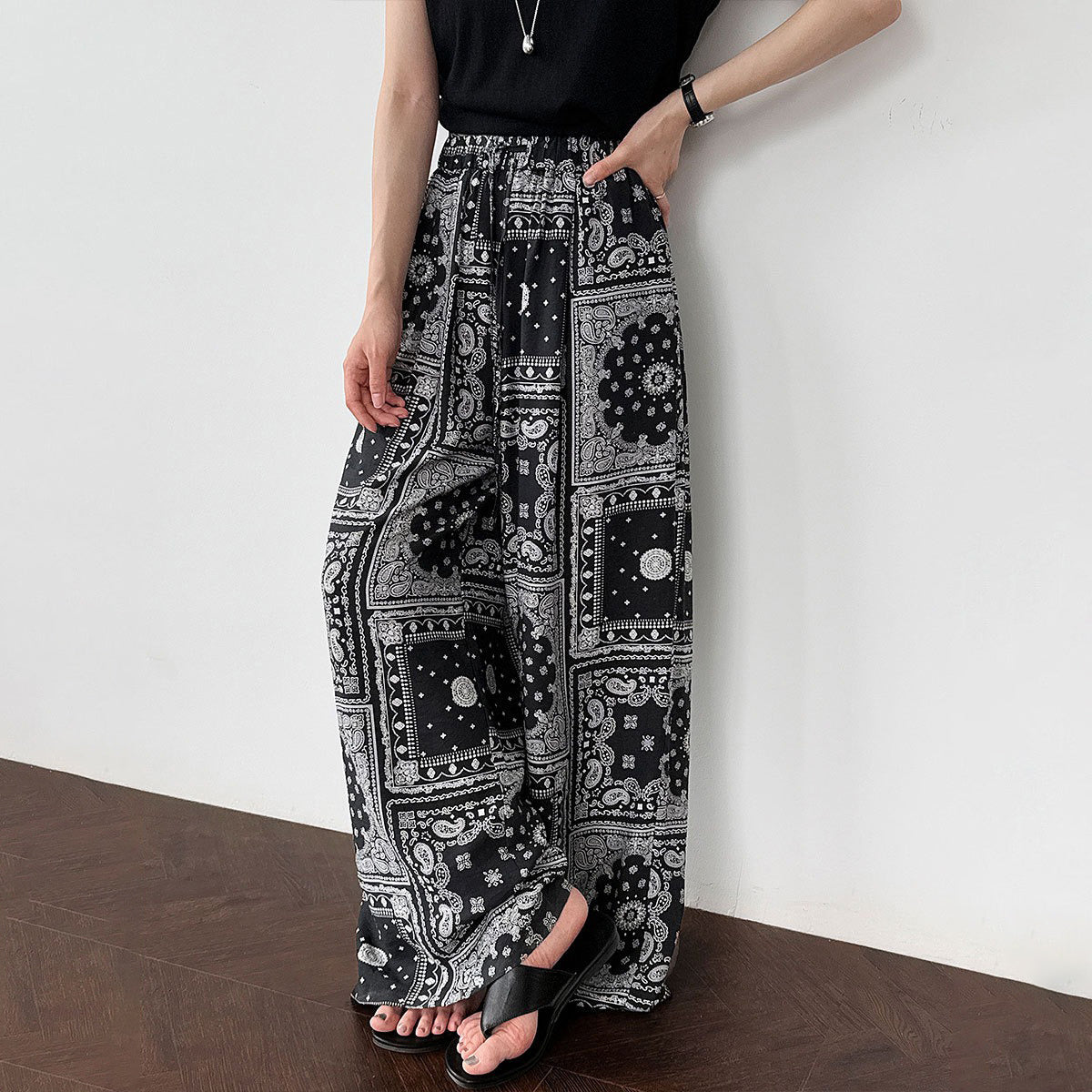 【ボトムス】ボヘミアンプリント レトロエスニック風 ワイドパンツ【JZシリーズ】