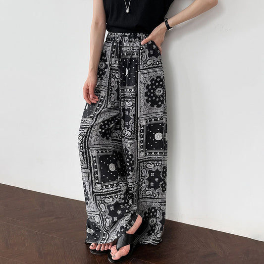 【ボトムス】ボヘミアンプリント レトロエスニック風 ワイドパンツ【JZシリーズ】