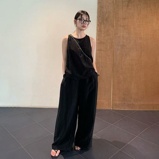 2点セット【セットアップ】夏 シンプル 通勤 タンクトップ＋テンセル ワイドレッグパンツ 上下セットアップ【SNシリーズ】