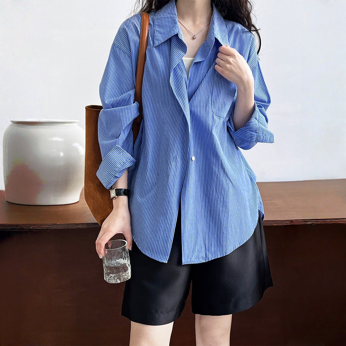 【トップス】春 秋 夏 ルーズ ストライプ ドロップショルダー シャツ 【JZシリーズ】