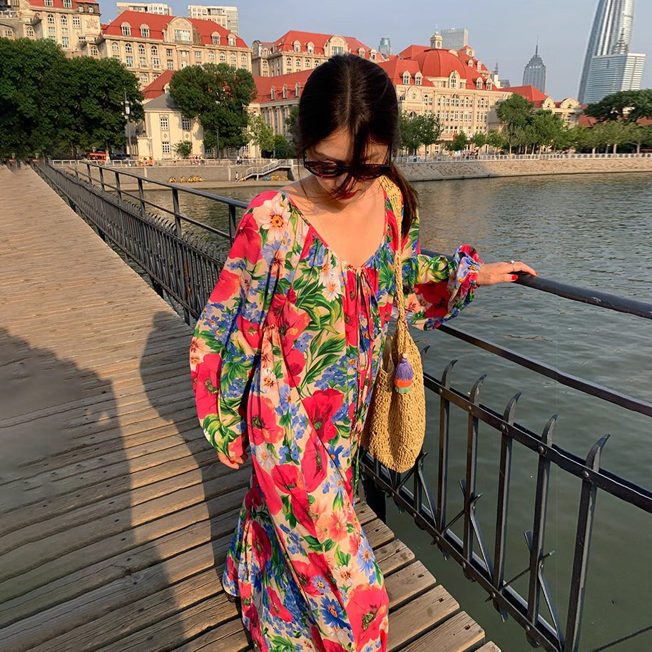 【ワンピース】超可愛い 春夏 ゆったり ロング丈  Vネック 背中あき 花柄 長袖ワンピース【SHシリーズ】