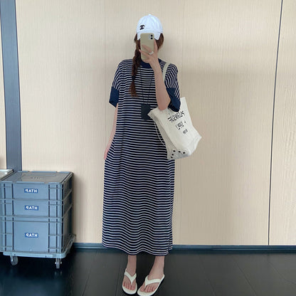 【ワンピース】ボーダーTシャツワンピース レディース 夏 半袖 ロング丈 ゆったりシルエット 体型カバー 着痩せ 大人カジュアル【JZシリーズ】