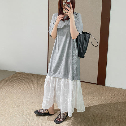 【ワンピース】カジュアル ロングTシャツワンピース レイヤード風 サイドレース切替 半袖 スリム見え デザイン感【JZシリーズ】
