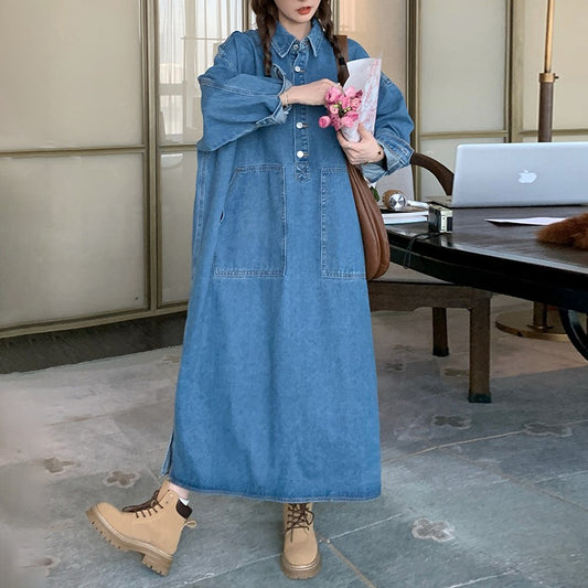 【24AW】【ワンピース】ミドル丈 お腹カバー ゆったり 着痩せ 大きいサイズ デニム 長袖ワンピース