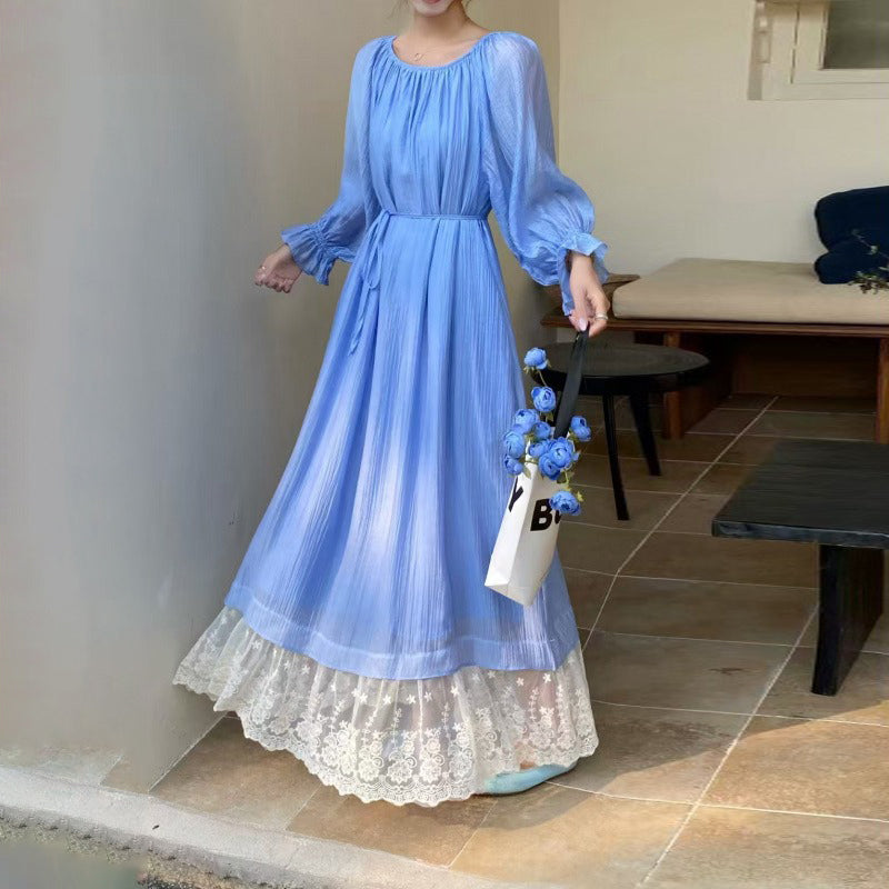 【ワンピース】7カラー 韓国風 ゆったり大きめサイズ オフショルダー レース スウィート ドレス 長袖ワンピース