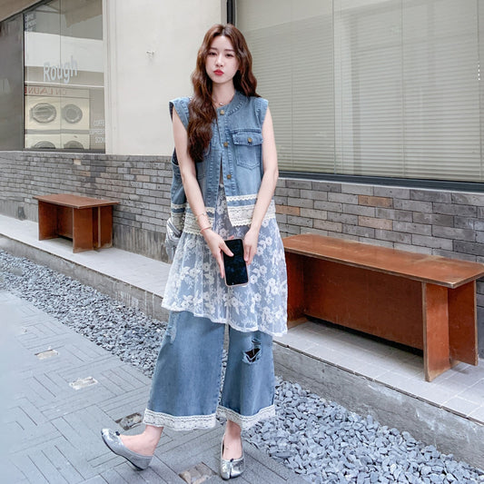 3点セット！【セットアップ】 韓国風 レース切り替え デニムベスト＋レースキャミソール+パンツ 上下セット レディース おしゃれ映え デニムセットアップ【JZシリーズ】