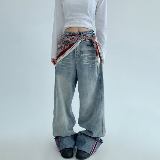 スカーフをプレゼント！【ボトムス】アメリカンヴィンテージ加工 ストレートワイドデニムパンツ【FCシリーズ】