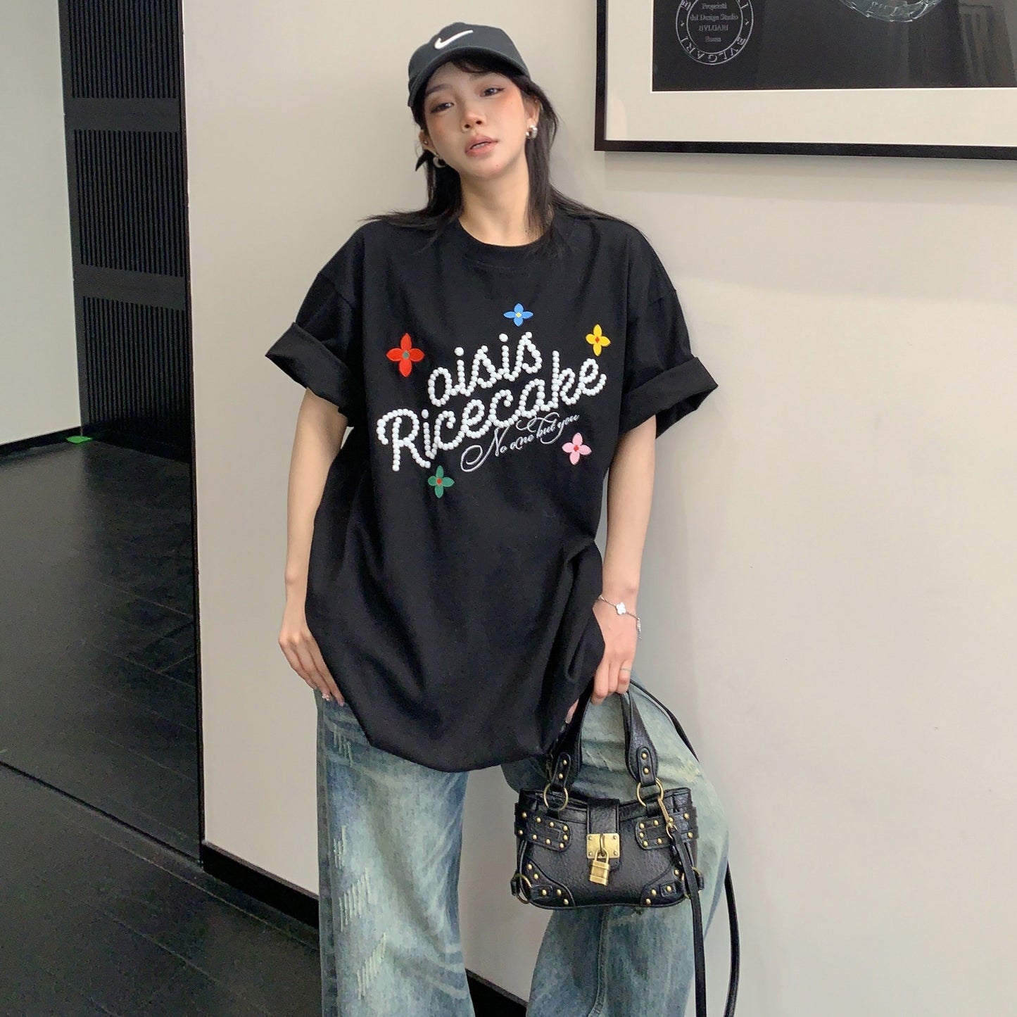 【トップス】レトロ コットン100％ 立体刺繍 オーバーサイズ 半袖 Tシャツ 【FCシリーズ】