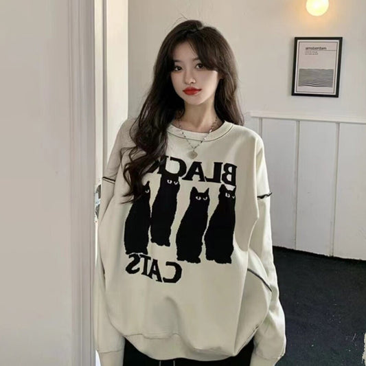 【トップス】アメリカンベージュ 猫柄 長袖スウェットシャツ レディース韓国風 ワイドシルエット ゆるふわネコ柄プリント パーカー【FCシリーズ】