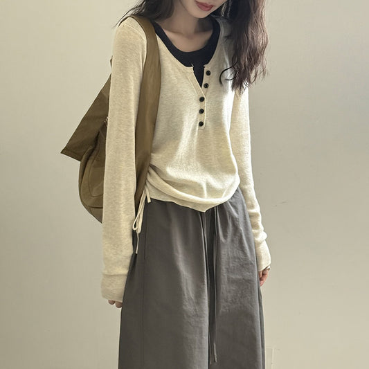 【トップス】レイヤード風長袖Tシャツ レディース 秋新作 デザイン性のある インナートップス【JZシリーズ】