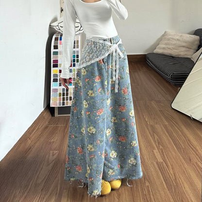 【ボトムス】花柄 アメリカンガール デザイン感 総柄フラワー デニムスカート ヴィンテージ ロング丈 着痩せ レディース【SHシリーズ】