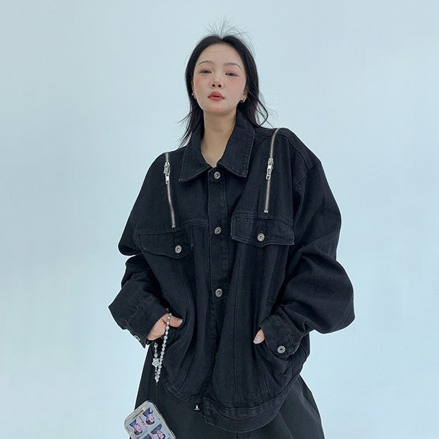 【アウター】ヴィンテージ加工 ファスナー付き  デニム ジャケット  【FCシリーズ】