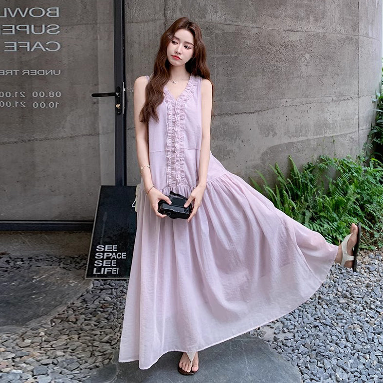 【ワンピース】フレンチ風ワンピース レディース ノースリーブ パープル フリル裾 ロング丈 マキシ丈 夏【JZシリーズ】