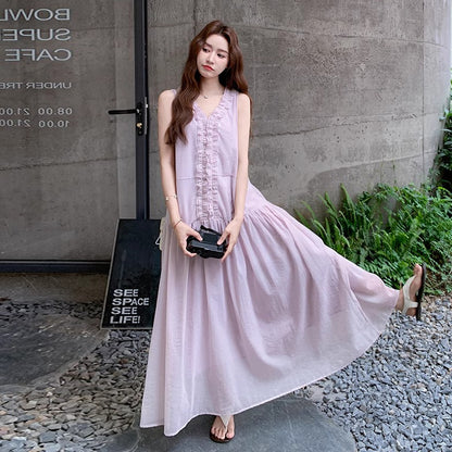 【ワンピース】フレンチ風ワンピース レディース ノースリーブ パープル フリル裾 ロング丈 マキシ丈 夏【JZシリーズ】