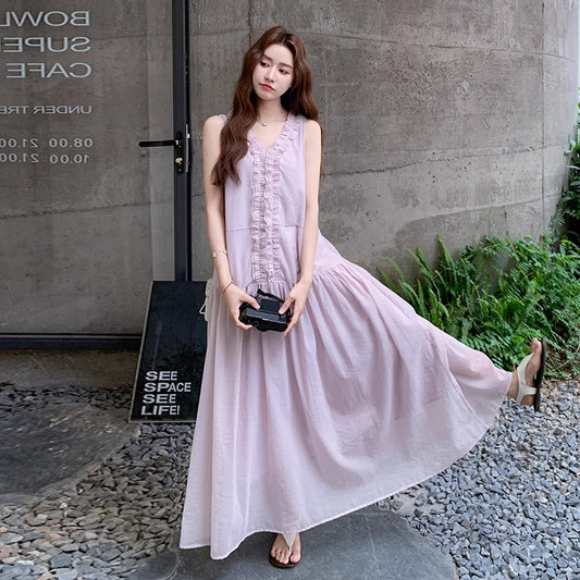 【ワンピース】フレンチ風ワンピース レディース ノースリーブ パープル フリル裾 ロング丈 マキシ丈 夏【JZシリーズ】