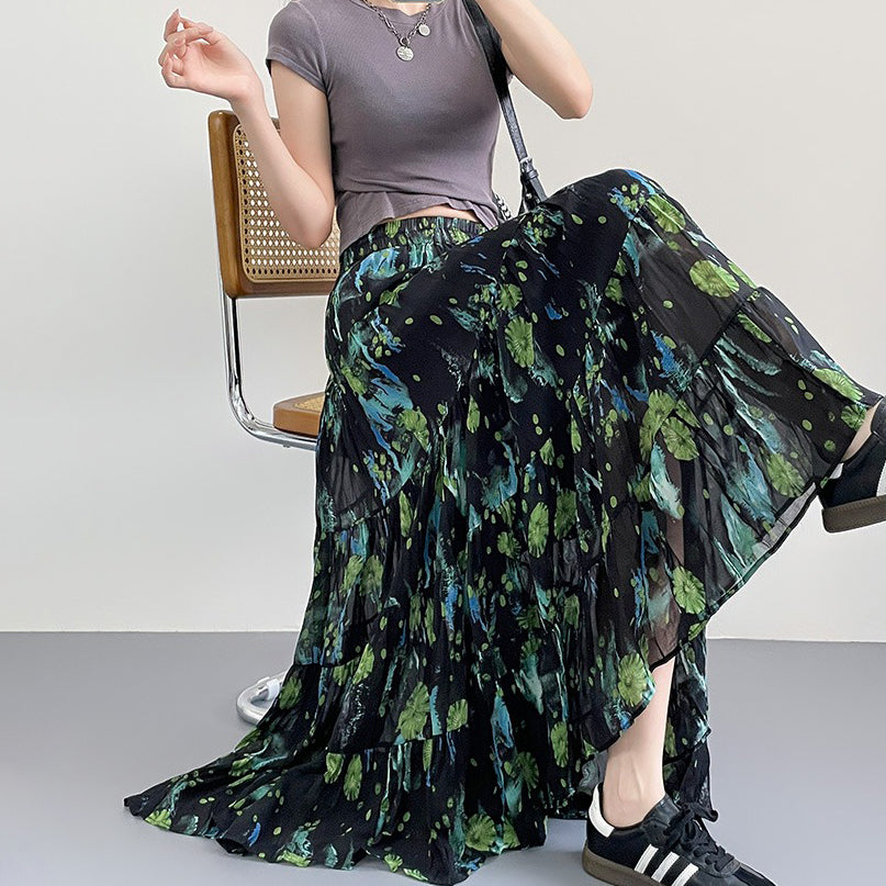 【ボトムス】ポケット付き花柄 Aラインスカート レディース 春秋 ロングスカート プリーツ ミディ丈【SHシリーズ】