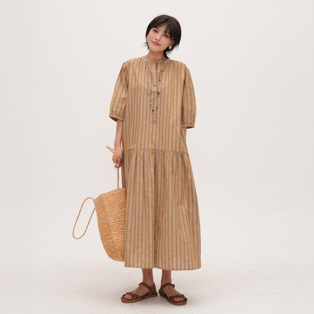 【ワンピース】抜け感 ストライプ柄 着回しやすい 五分袖 カジュアルワンピース 【JZシリーズ】