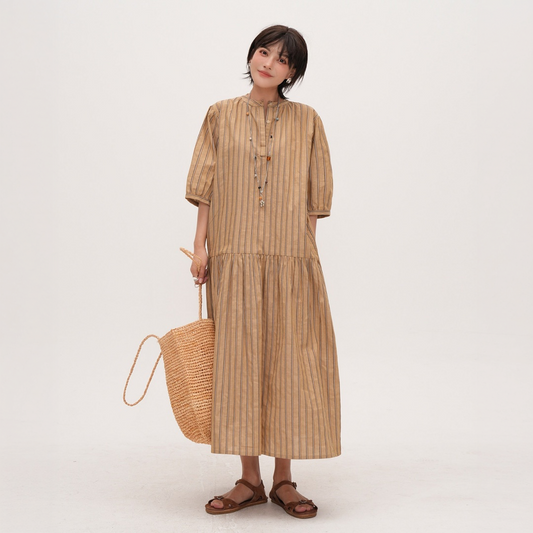 【ワンピース】抜け感 ストライプ柄 着回しやすい 五分袖 カジュアルワンピース 【JZシリーズ】