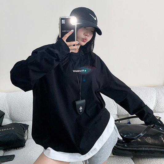 【トップス】ユニセックス 長袖Tシャツ 黒 刺繍入り レイヤード風 美式ヴィンテージ風 初秋対応【FCシリーズ】【10～15日内発送】