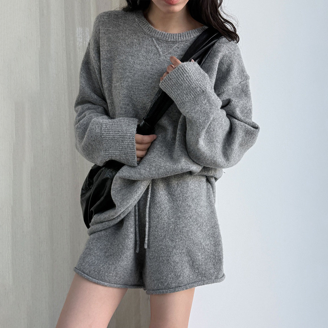 2点セット!【セットアップ】秋新作 韓国風ふんわりウール混ニットトップス＋ショートパンツ 上下セット【JZシリーズ】