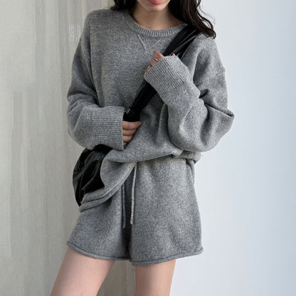 2点セット!【セットアップ】秋新作 韓国風ふんわりウール混ニットトップス＋ショートパンツ 上下セット【JZシリーズ】