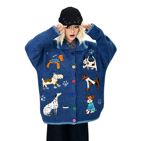 【アウター】子犬 刺繍 セーター ゆったりくつろぎ感 カーディガン【FCシリーズ】